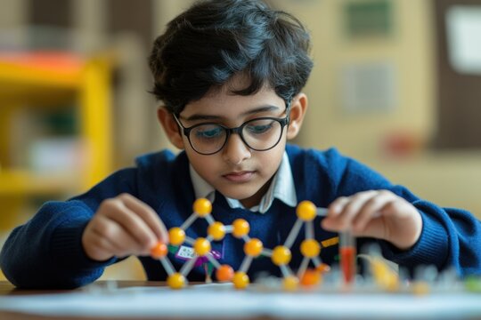 A young boy wearing glasses builds a molecular model, demonstrating hands-on science learning. - Powered by Adobe