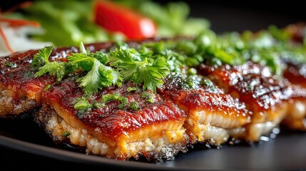 Grilled eel with caramelized edges on a black plate featuring fresh herbs