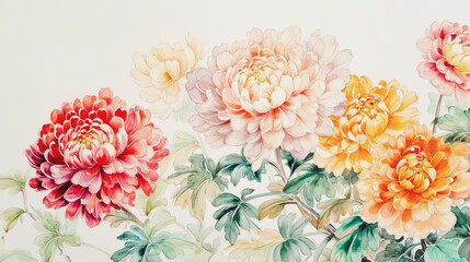 watercolor botanical Chrysanthemum flowers texture template background.Elegant wedding invitation card background . Minimal hand painted Design for wedding or Valentine's Day
