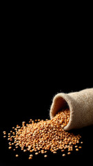 Keto-friendly seeds pouring from a burlap bag onto a dark surface.