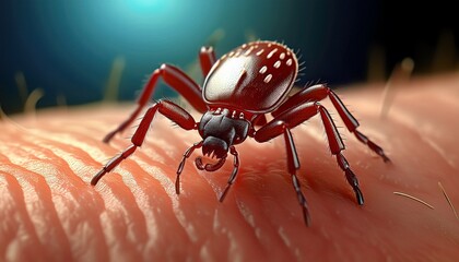 Fototapeta premium Lyme disease and Deer tick crawling on skin as a bacterial infection health danger as the bite of a parasite causing an illness with bacteria