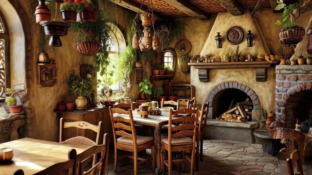 Cozy rustic restaurant in the Italian countryside with wooden tables and a warm fireplace inviting diners on a relaxing afternoon