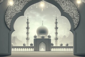 Serene view of a grand mosque through an ornate archway, conveying peace and spirituality.
