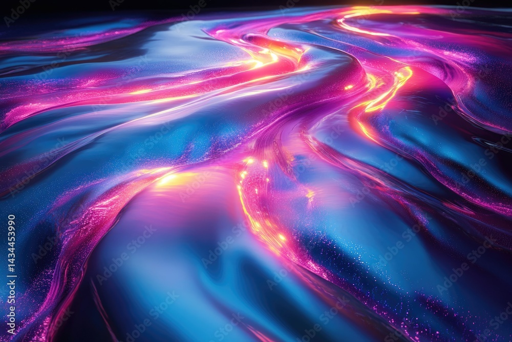 Poster abstract vibrant fluid art with glowing neon pink, purple, and blue colors creating a mesmerizing an