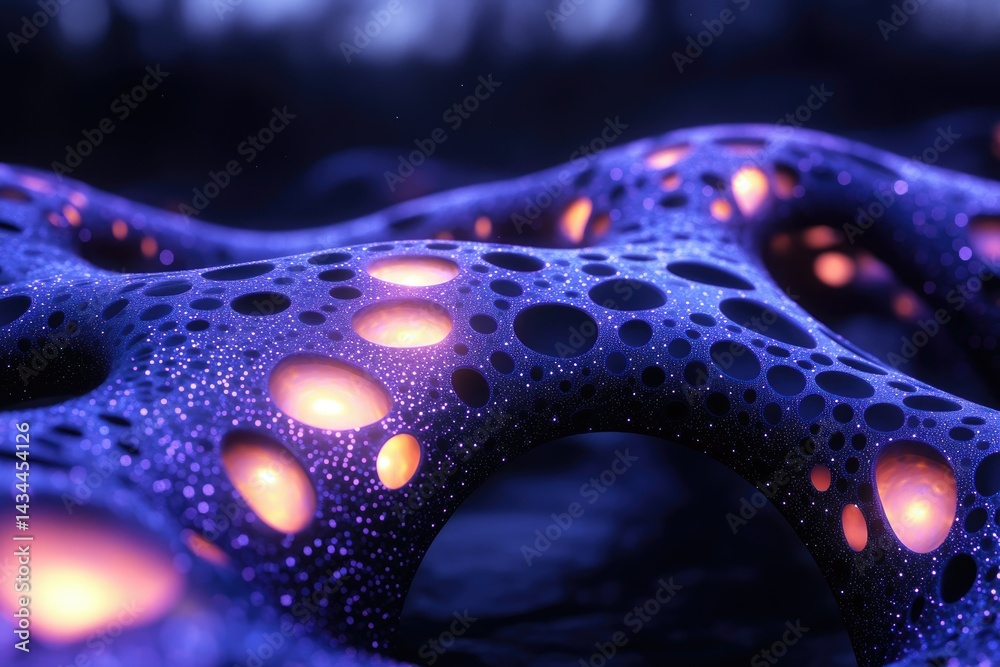 Poster abstract 3d render of a porous, glowing blue structure resembling a network or alien landscape.