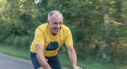 Elderly caucasian male joyfully cycling outdoors in bright yellow shirt
