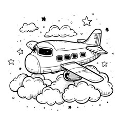 HandDrawn Airplane Flying Through Clouds With Stars on a White Background