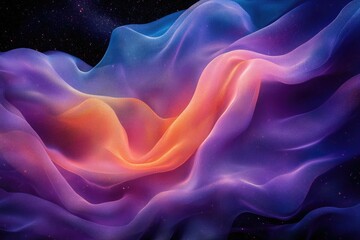 Obraz premium Abstract cosmic landscape with flowing, vibrant purple, orange, and blue fabric.