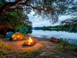 A tranquil lakeside camping setup features glowing tents and a vibrant campfire under a starry night sky. The peaceful surroundings invite relaxation and connection with nature.