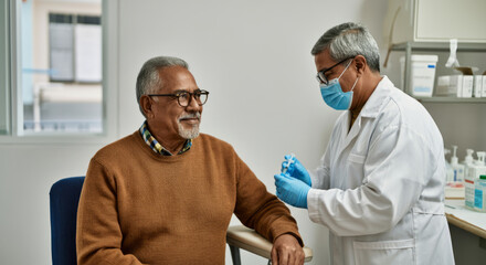 Obraz premium Elderly hispanic male receiving vaccination from asian male doctor in clinic