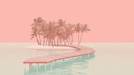 Serene 3D render of a pink tropical island with palm trees and a wooden walkway leading to it, perfect for travel, vacation, and summer themes.