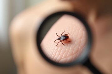 A close-up of a tick on a human hand, seen through a magnifying glass. The background is blurred skin with soft natural light