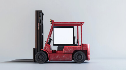 Futuristic red forklift lifting modern laptop in a creative workspace setting