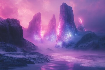 Fototapeta premium Glowing, purple-hued alien landscape with tall, crystalline mountains reflecting in a misty river.