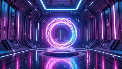 Realistic Sci-Fi Energy Ring Surrounded by Mist and Reflections in a Futuristic Room