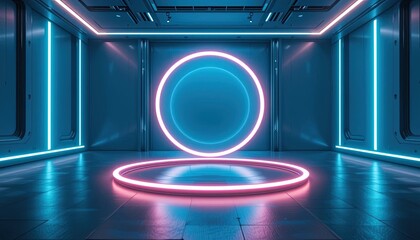 Symmetrical Glowing Ring in Open Futuristic Chamber with Smooth Metallic Surfaces