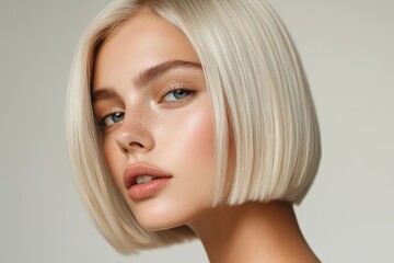 Model with sleek blonde bob haircut in minimal profile view