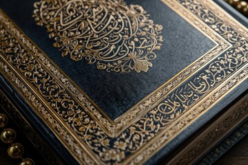 Obraz premium Ornate Quran cover with gold leaf detailing and Arabic calligraphy, showcasing religious artistry.