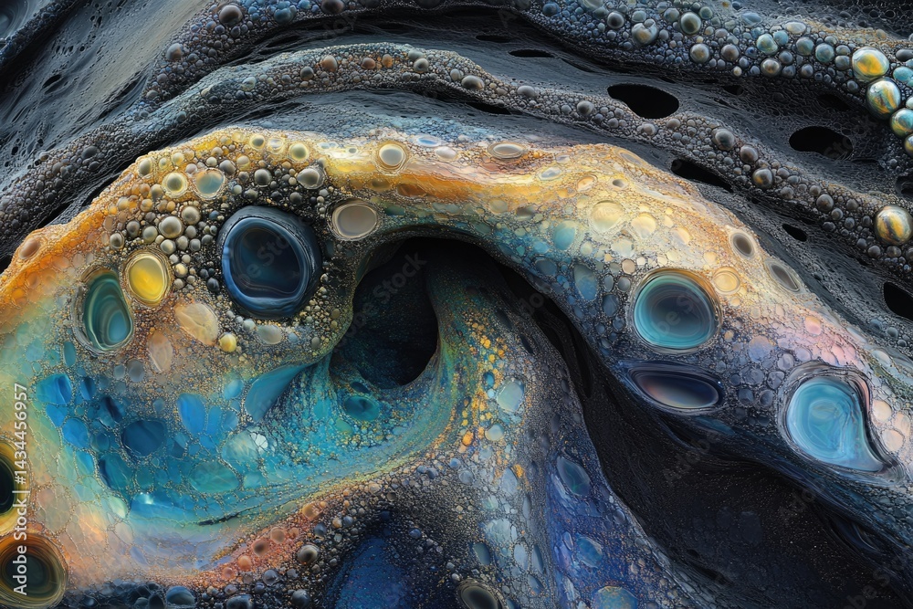 Poster abstract fluid art painting with swirling, vibrant colors and bubble-like textures, creating a mesme