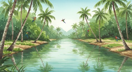 Obraz premium Tropical river scene with palm trees
