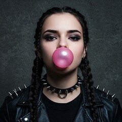 a cool gothic girl having a pink chewing gum bubble