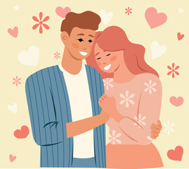 San Valentín Pareja de enamorados abrazados y sonriendo
