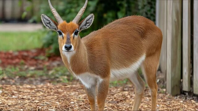 Alert brown Lechwe antelope stares forward in an outdoor wooded habitat with its ears perked and horns reaching, on a natural leafy ground.