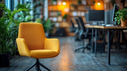 Yellow office chair, modern workspace, plants, blurred background