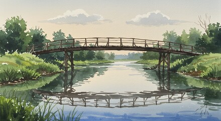 Wooden bridge over calm river landscape painting