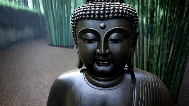 Serene Buddha Statue in Tranquil Bamboo Forest  