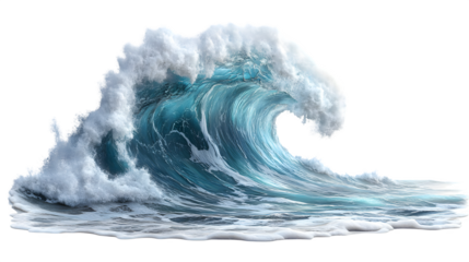 Giant ocean wave cresting with spray, isolated on white background