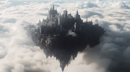 Fototapeta premium Floating citadel: an enigmatic sky-bound city amidst ethereal clouds and dramatic shadows. Ebon Spire. Illustration
