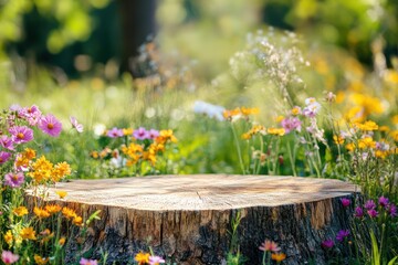 Tree stump platform surrounded by colorful wildflowers in sunny meadow