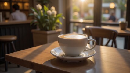 Cozy Coffee Shop: Cappuccino on Wooden Table with Tulips & Soft Light