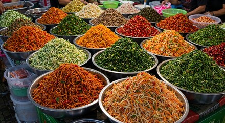 Fototapeta premium Colorful noodle salads at vibrant Asian street food market