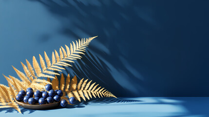 A minimalistic setup showcasing bold, cobalt-colored berries sprinkled under a golden-brown fern lea. Starroot Fern. Illustration
