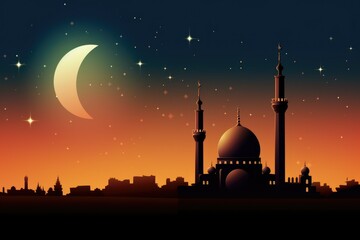 Silhouette of a mosque at sunset, crescent moon and stars in the night sky.