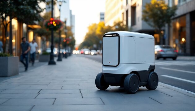 Autonomous Delivery on City Street: Capturing a futuristic scene of an autonomous delivery robot navigating a city street, symbolizing the innovative advancements in urban transport and logistics.