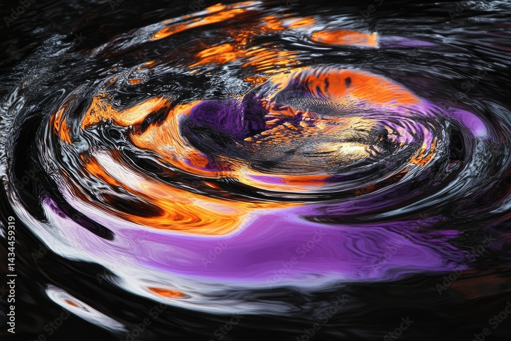 Poster abstract swirling vortex of orange, purple, and black hues creating a mesmerizing and vibrant patter