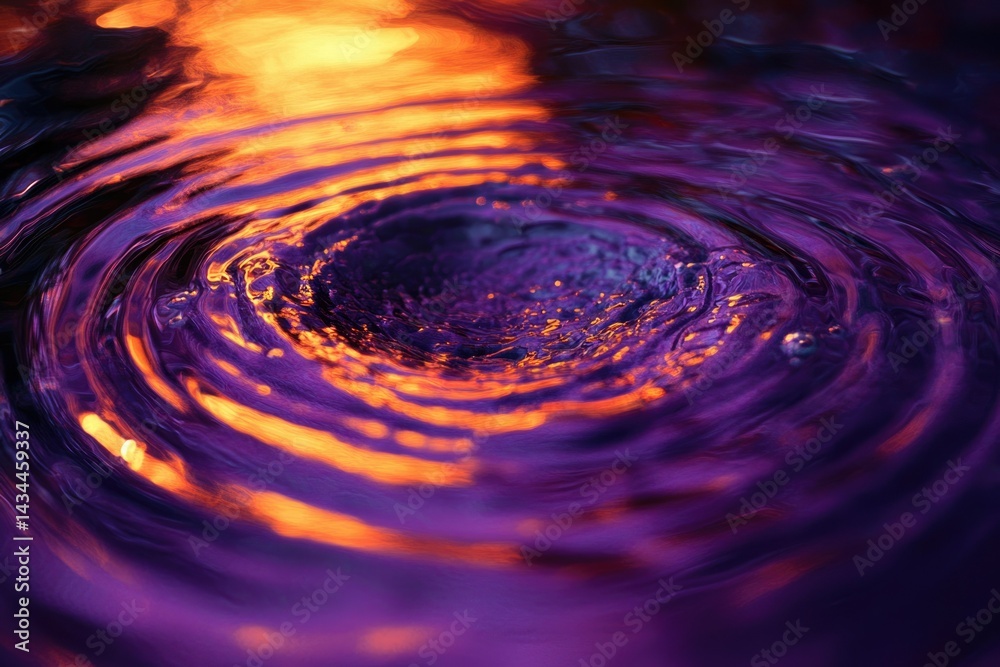 Poster Abstract image of vibrant purple and orange water ripples creating a mesmerizing concentric pattern.