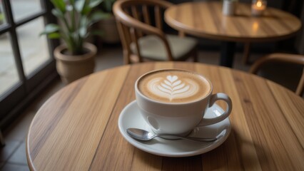 Latte Art Coffee on Wooden Table in Cafe. Beverage with Creamy Foam Design for Coffee Shop Menu