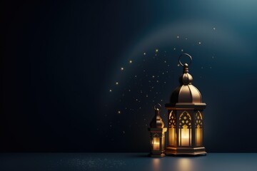 Fototapeta premium Two illuminated golden lanterns sit against a dark blue background with glittering stars, symbolizing Ramadan or a similar festive occasion.