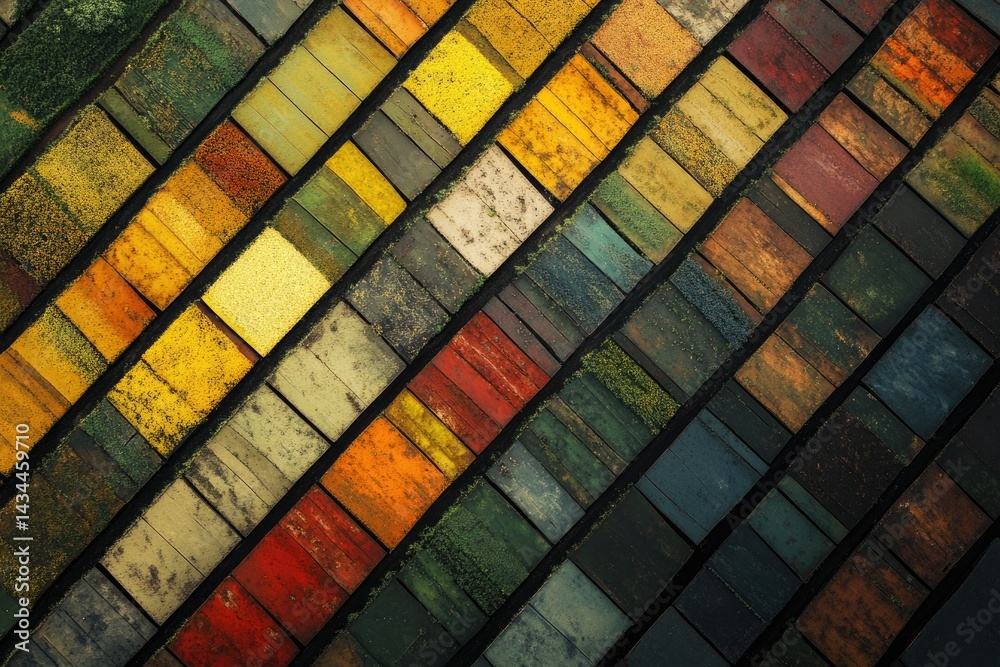 Poster Aerial view of colorful rectangular fields, possibly agricultural plots, arranged in a diagonal pattern.