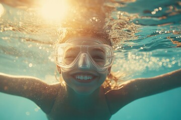 Fototapeta premium Young boy snorkeling underwater in bright sea