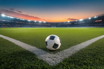 Soccer ball on corner mark in empty illuminated stadium
