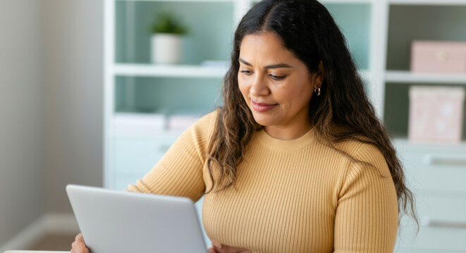 Hispanic female adult using laptop in modern home office setting