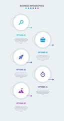 Vertical progress bar featuring 5 arrow-shaped elements, symbolizing the five stages of business strategy and progression. Clean timeline infographic design template. Vector for mobile presentation.