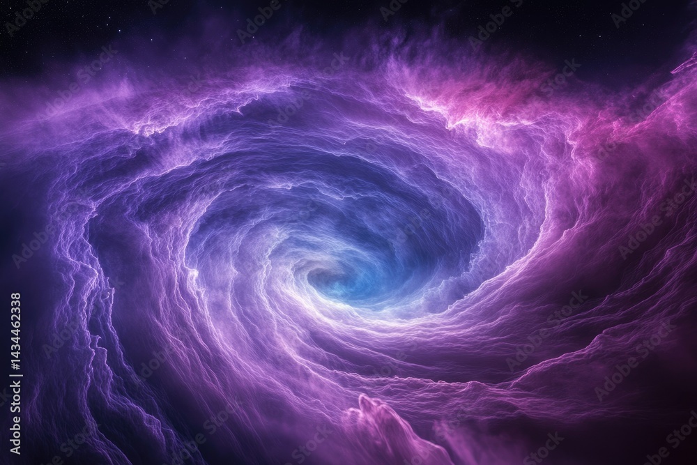 Poster a swirling vortex of purple and blue nebulae in space, creating a cosmic whirlpool effect.