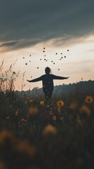 Fototapeta premium Silhouette of a person in a field of flowers during golden hour.