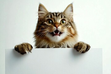 Pet on street sign. Ð¡ute adult cat american bobtail hold in front paws a design draft - large white boulevard sign. Studio pet ad. Isolated cat on a solid attire pure white background.